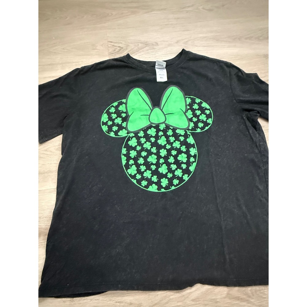 Disney Minnie Mouse St Patricks Day Shamrock T-Shirt XXL Black Acid Wash Green